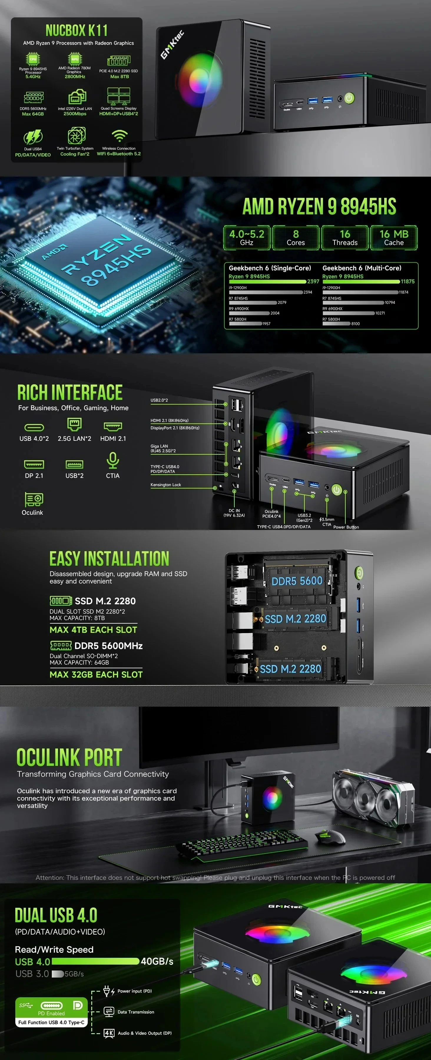 GMKtec K11 Mini PC AMD Ryzen 9 8945HS Gaming PC DDR5 5600 OCuLink Dual LAN USB4 PCIe 4.0 SSD WiFi 6 BT5.2 Windows 11 Pro