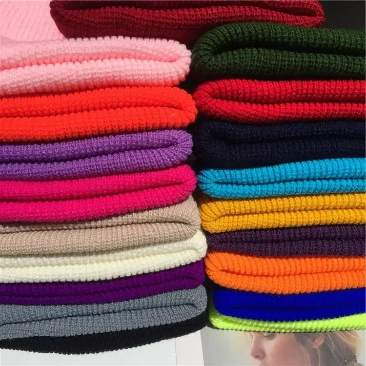 Men Women Winter Autumn Solid Color Warm Woolen Knitted Cap Fluorescent Cuffed Beanie Hat Female Caps Warmer Bonnet Casual Cap