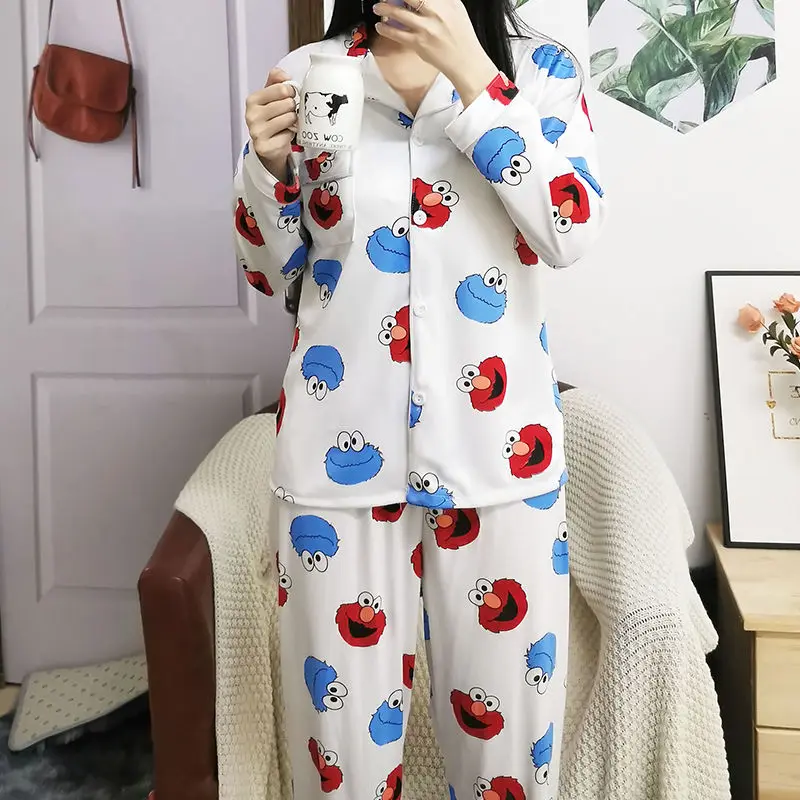 Sesame Street Elmo Cookie Monster Animation Peripheral Cute Cartoon Print Home Clothes Student Dormitory Long Sleeve Pajamas Set