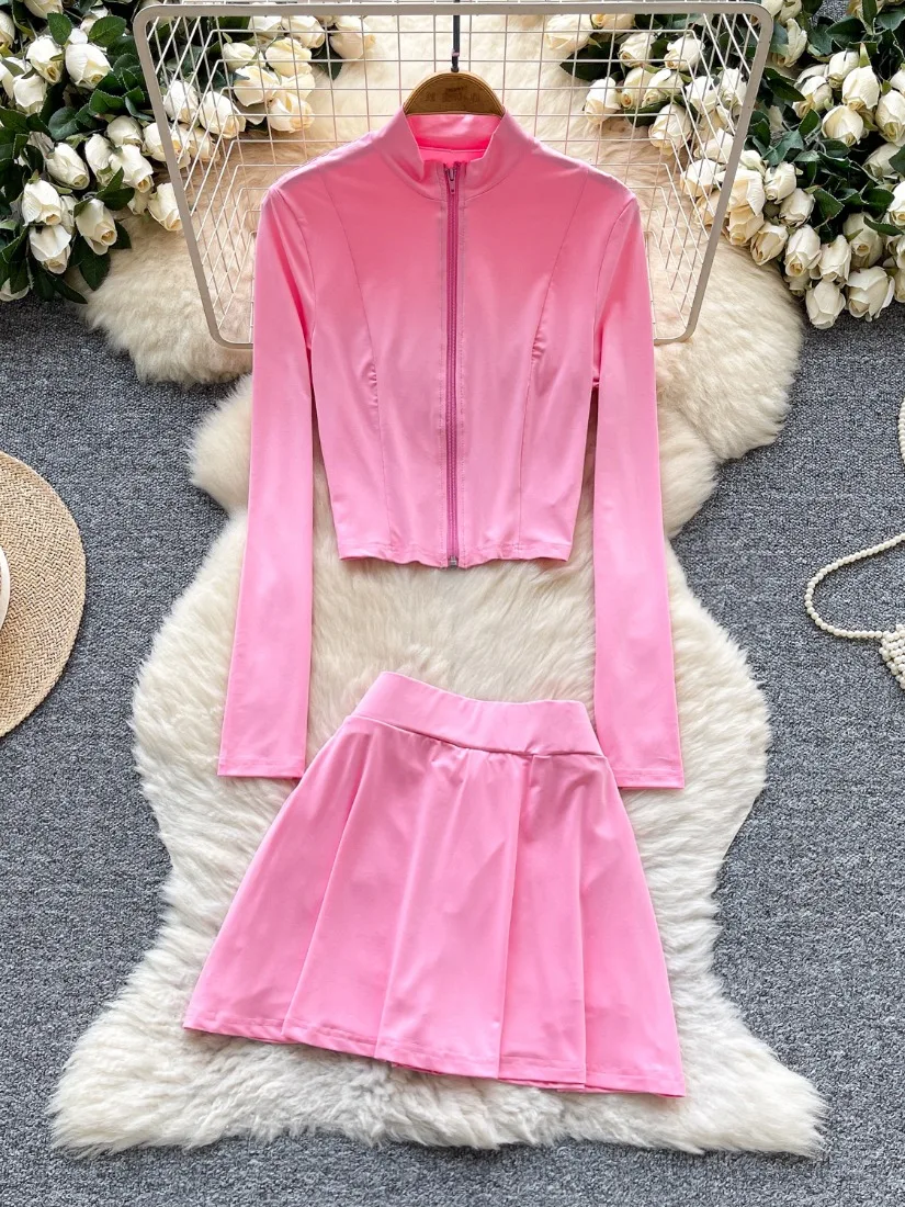 

Foamlina Women Two Pieces Set New Solid Stand Collar Long Sleeve Zipper Up Slim Crop Top and Skirt Workout Sports Clothing Set