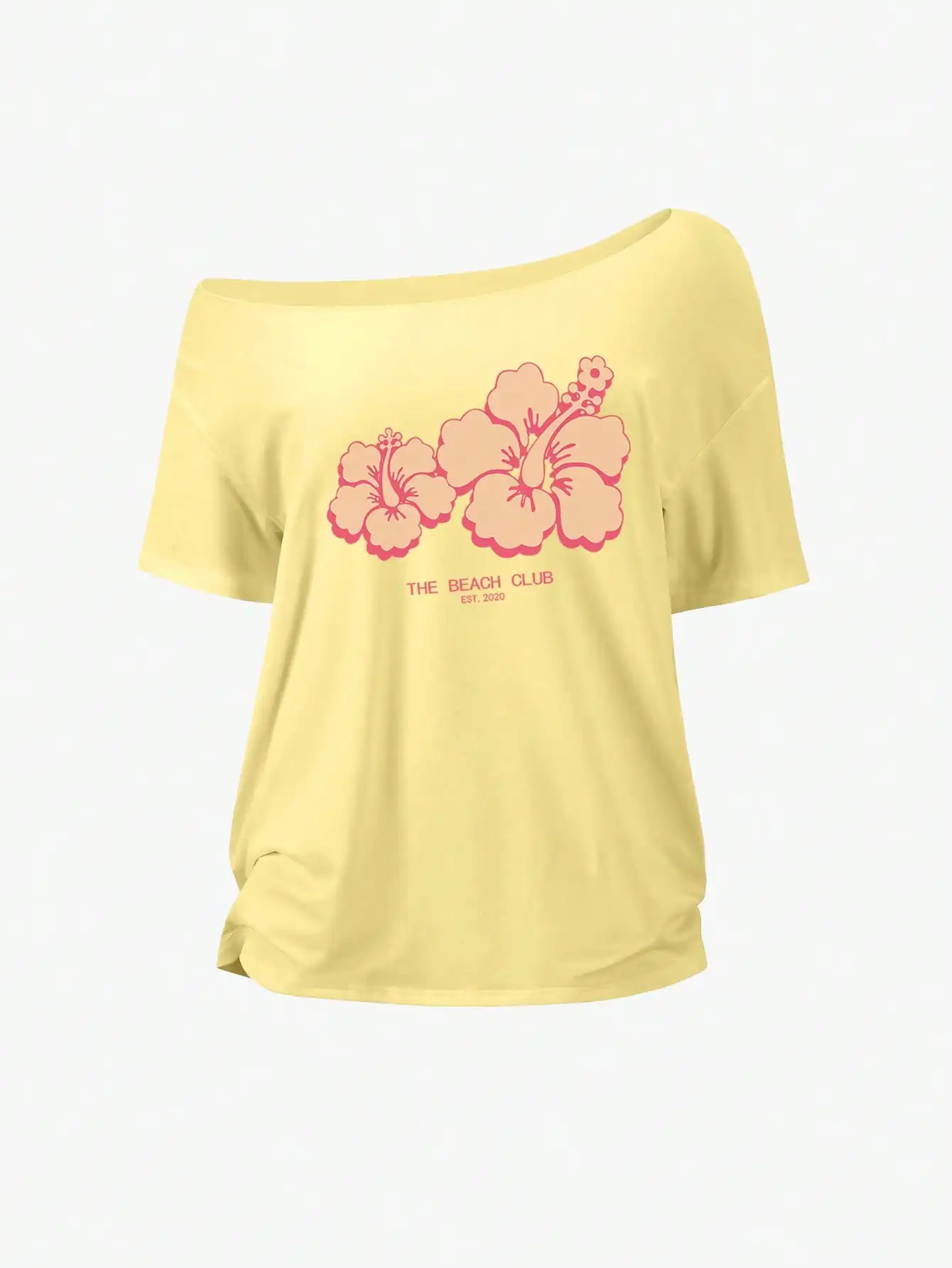 

Women's Off Shoulder Yellow T-Shirt with Pink Hibiscus Print, Beach Club Design for Summer