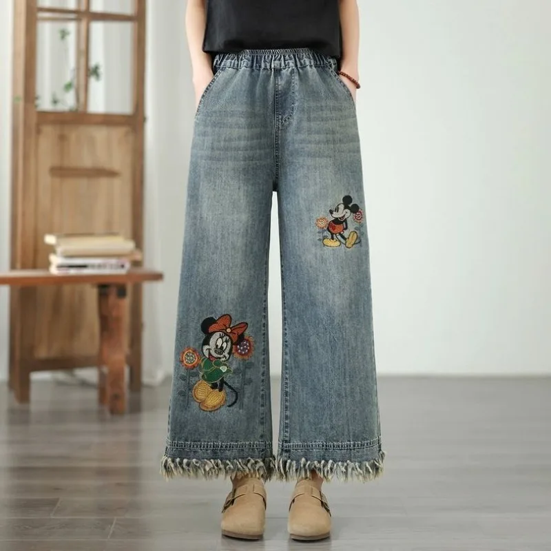 

Disney Vintage Mickey Embroidered Jeans Women 2026Spring Summer, Distressed Loose Straight Wide Leg, Cropped 9-Point Denim Pants