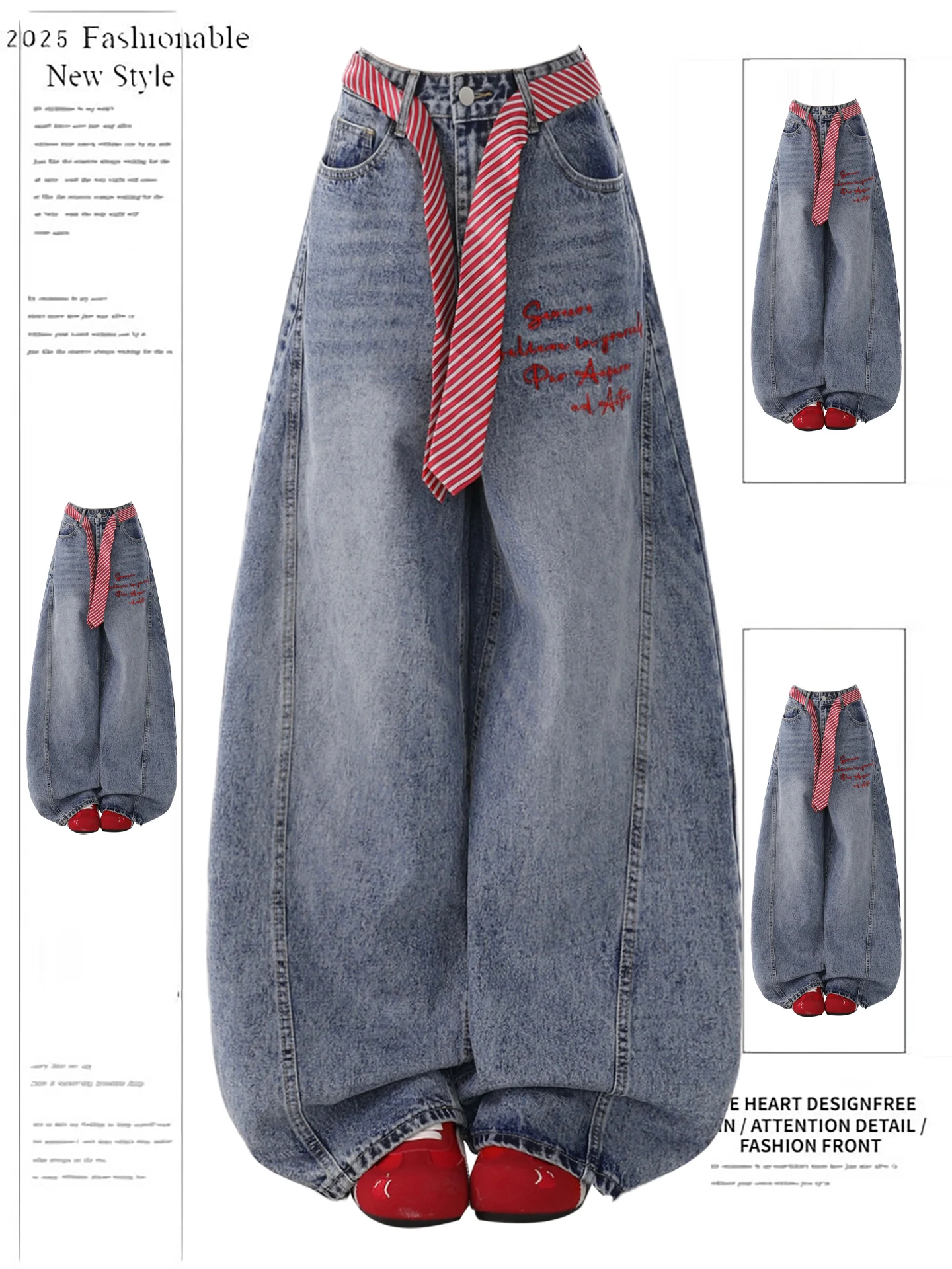 

Retro American Embroidered Letter Knife Wide Leg Jeans Women's Autumn New Sle High Waist Belted Denim Pants Casual Wear