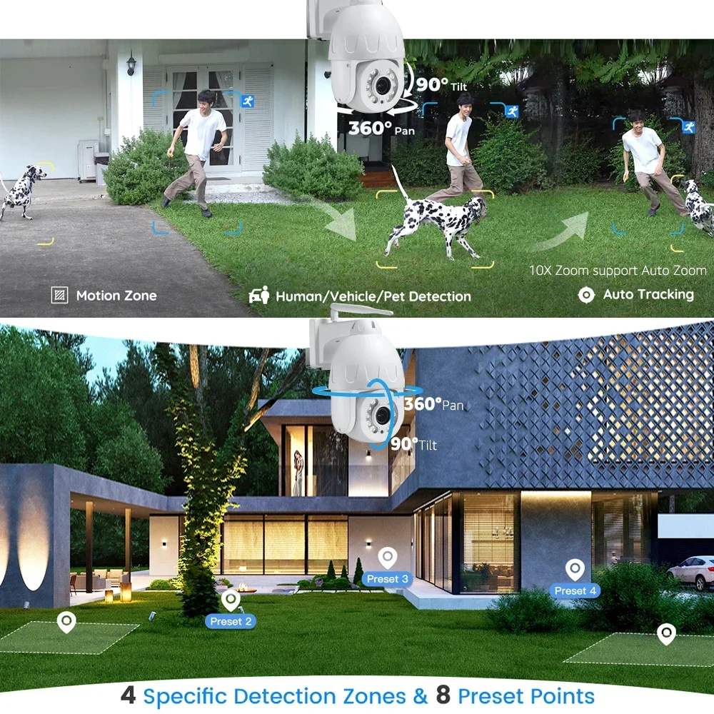 4K 8MP Outdoor WiFi PTZ IP Camera 5X Optical Zoom Human/Vehicle Detect Security Camera Color Night Vision Auto Tracking Cameras