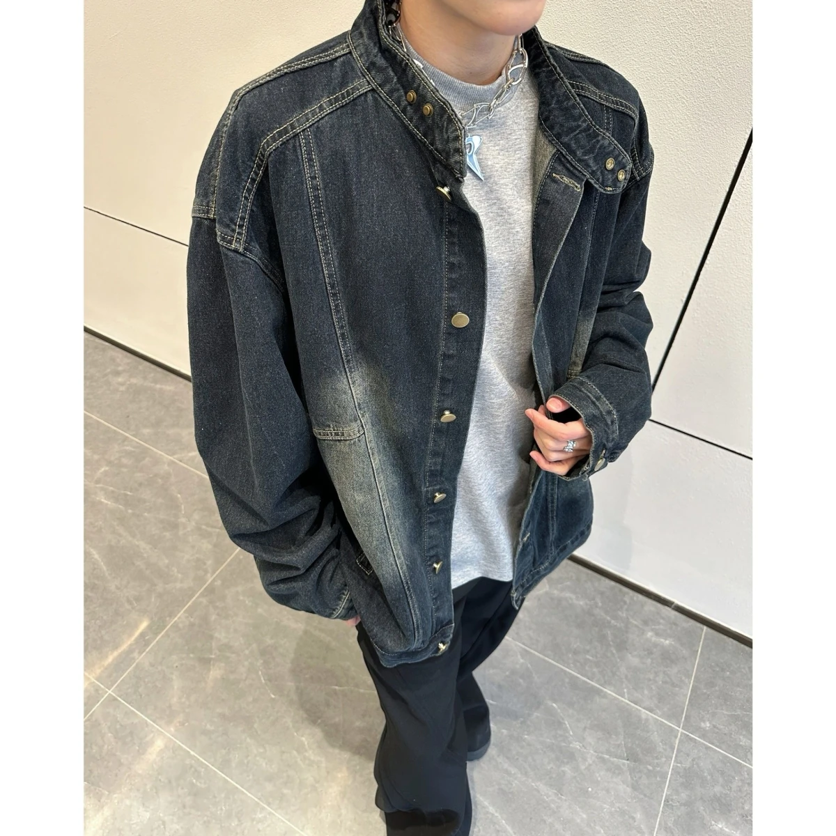 

Retro American Waed Heavyweight Denim Jaet Loose Casual Streetwear Spring for Men Stand Collar Jeans Coat Trendy