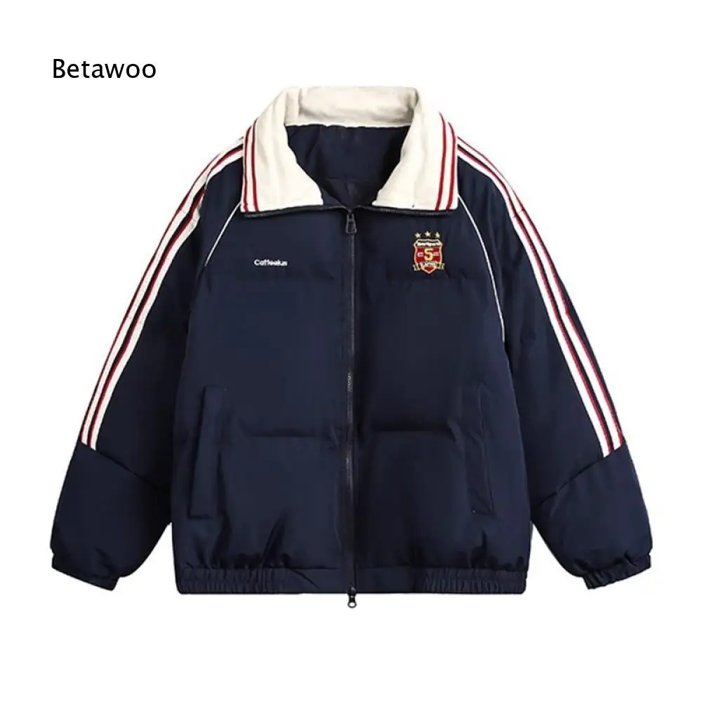 Women Winter Warm Padded Jacket Contrast Fleece Collar Side Stripes Full Zip Badge Decoration Loose Fit Solid Color Outerwear