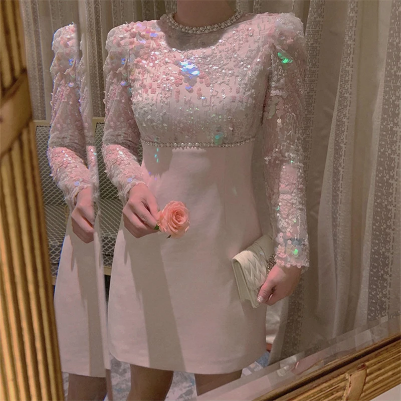 Luxe Pailletten Geborduurde Flares Jurken Lente Vrouwen Lange Mouwen Slanke Mini Jurk Nieuwe Zomer Hoge Taille Roze Een Lijn Korte Jurk
