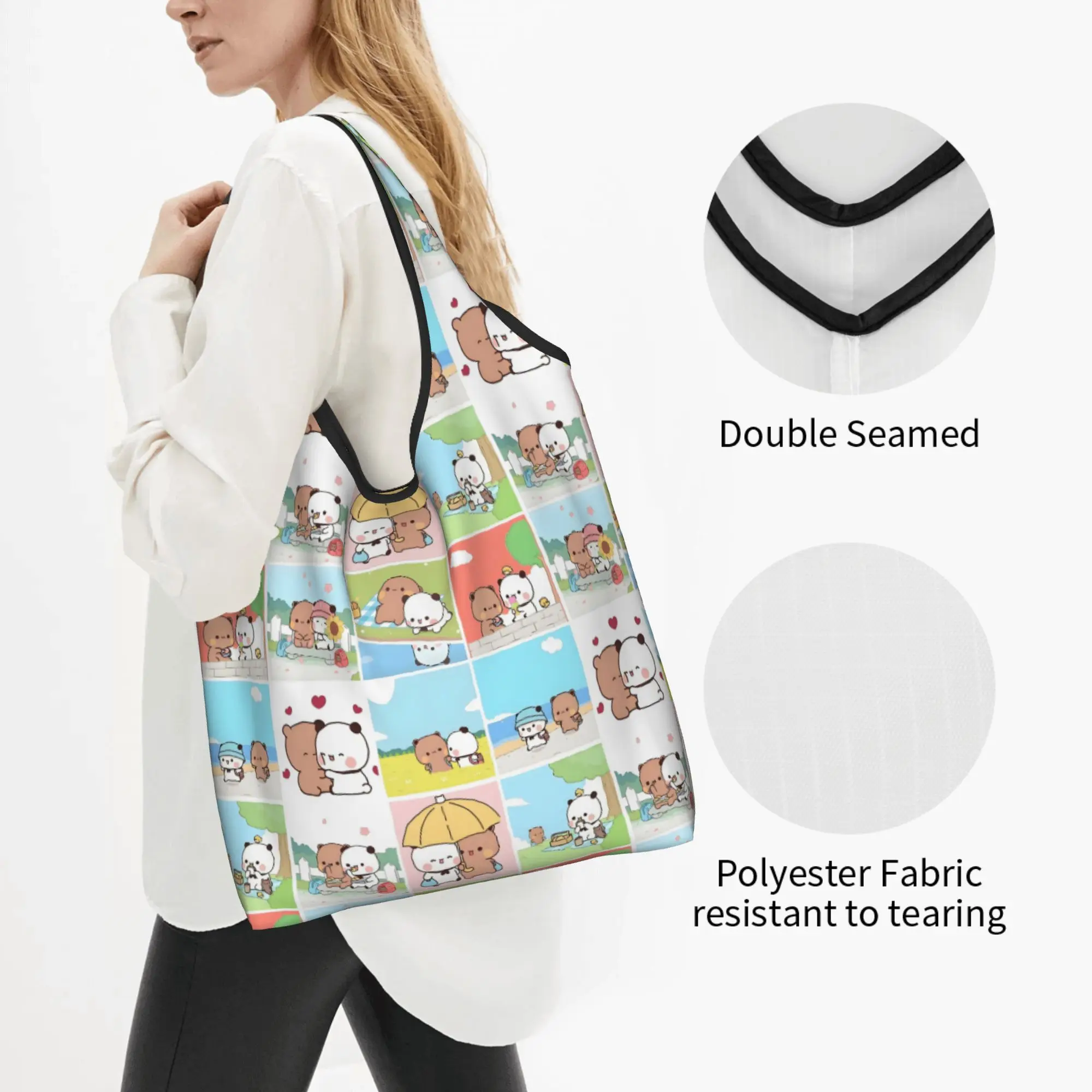 Bear Panda Love Story Peach And Goma  Grocery Shopping Bags Custom Shopper Shoulder Tote Bag Bear Cartoon Anime Panda  Handbag