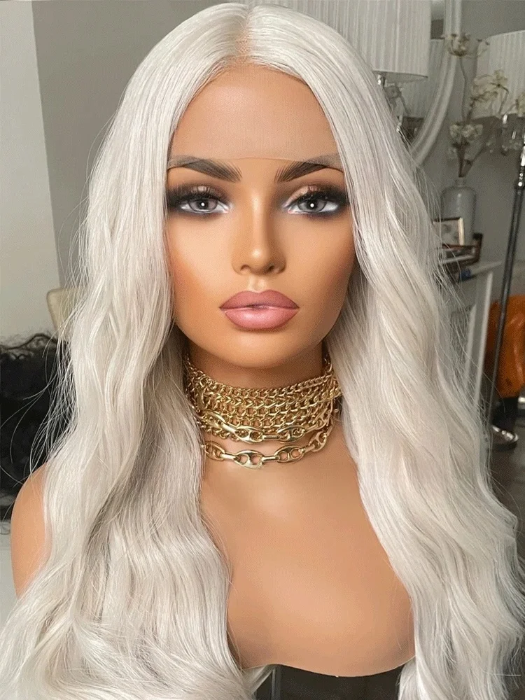 Blonde Platinum Synthetic Lace Wig Wavy Lace Front Heat Resistant Synthetic Wig 13x4 Ash White Lace Wig With Mid For Women Daily