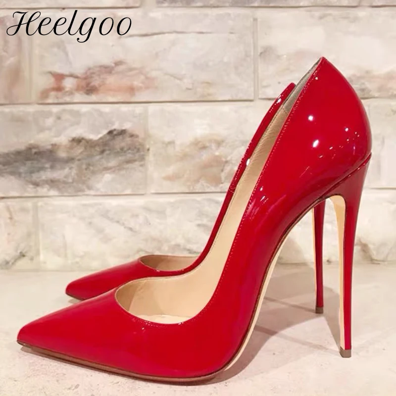 Heelgoo Glossy Red Women Fashion Essential Pointy Toe High Heel Shoes Red for Wedding Simple Plain Stiletto Pumps 12cm 10cm 8cm