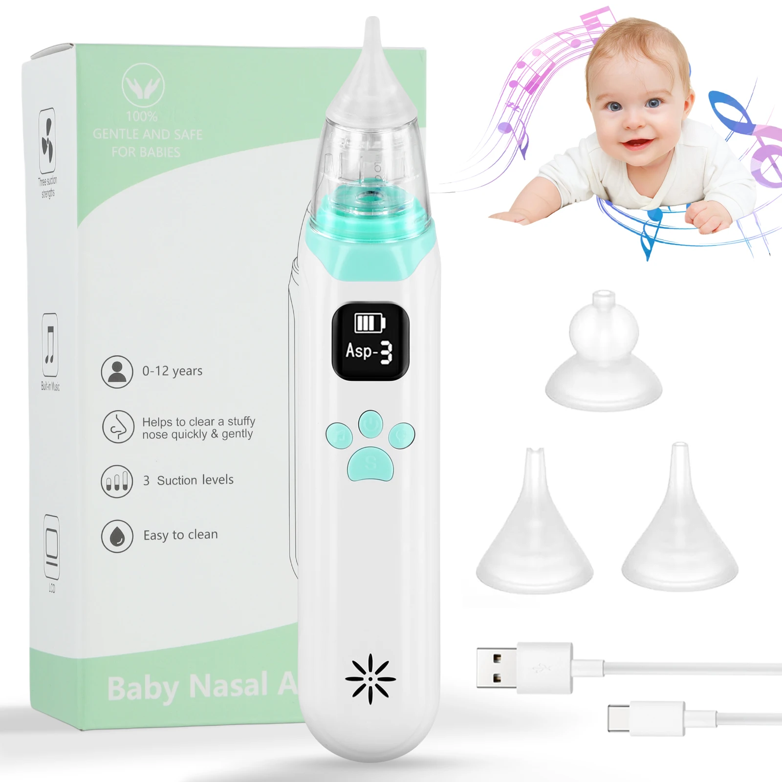 Nasal Aspirator For Infants Baby Nasal Washer Electric Newborn Baby And Children\'s Nasal Mucus Cleaning Tool 3 Silicone Tips