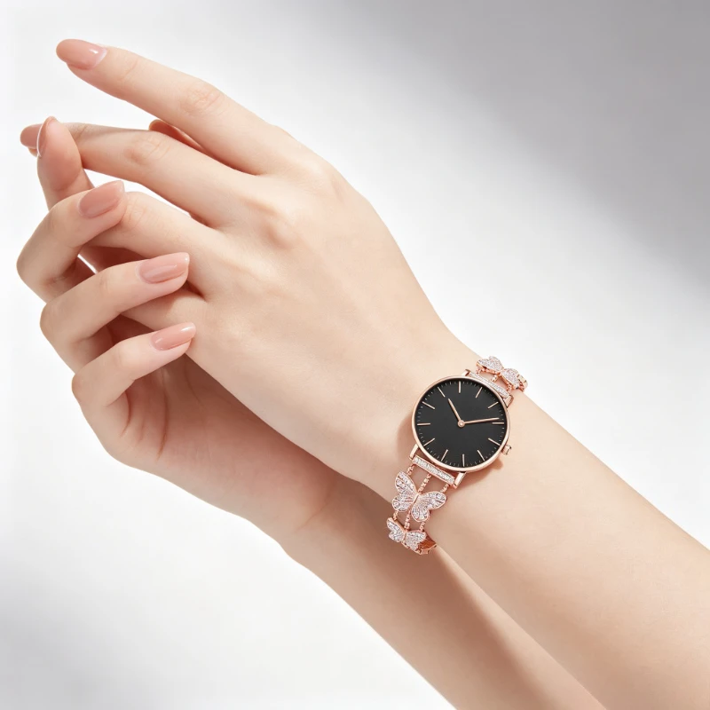 Simple Black Dial Ladies Quartz Watch Rose Gold Thin Shell Sparkly Rhinestone Butterfly Chain Bracelet Fashion Women Wrist Watch