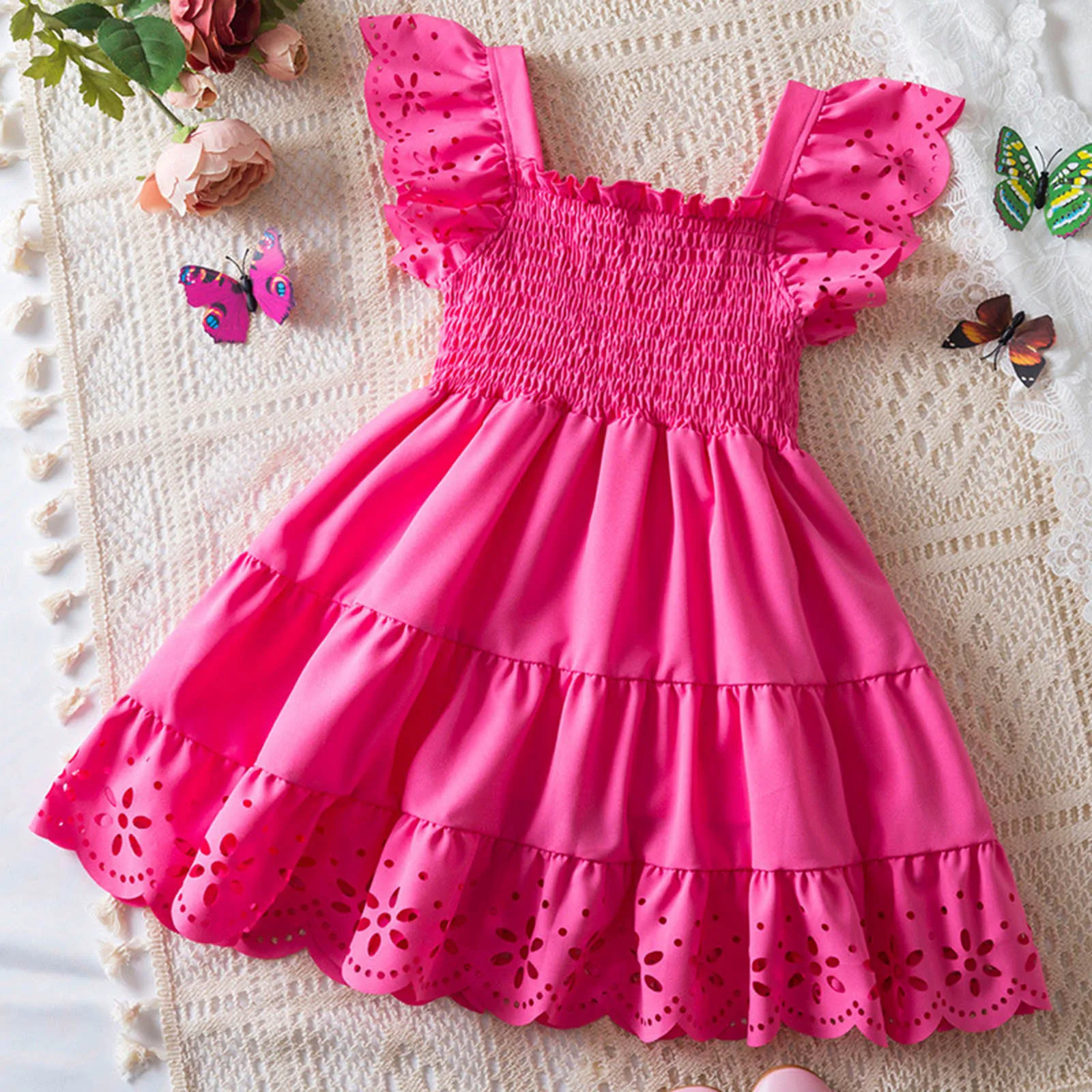 2025 Summer Dress Children Korean Version Flower Edge Sleeves Sweet Baby Girls Birthday Party Solid Dress Baby Girl Clothes 2-6Y