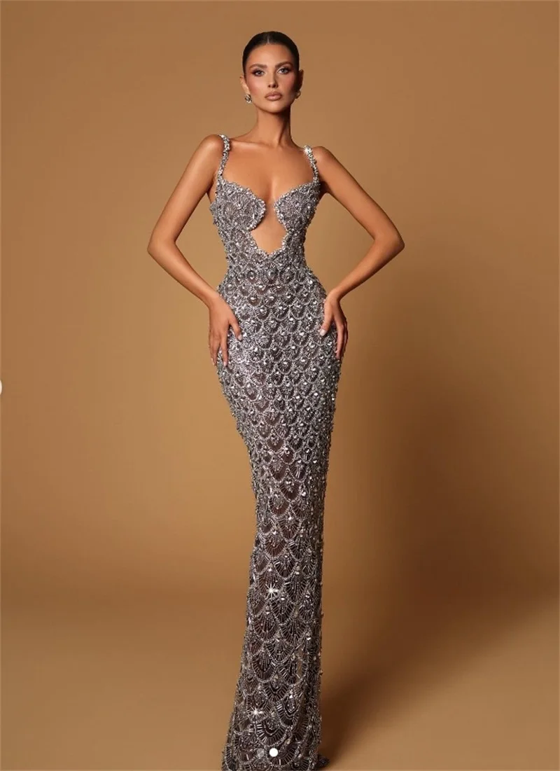 

Silver Glitter Sequins Evening Dress Sexy Strap Sheer Neck Sleeveless Formal Birthday Sheath Slim Princess Party Prom Gown Robe