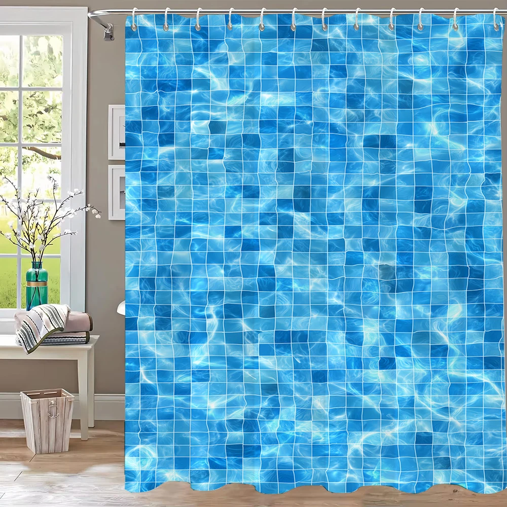 Modern Blue Water Ripple Mosaic Shower Curtain Partition Privacy Hanging Curtain with 12 Hooks Multiple Sizes Machine Washable