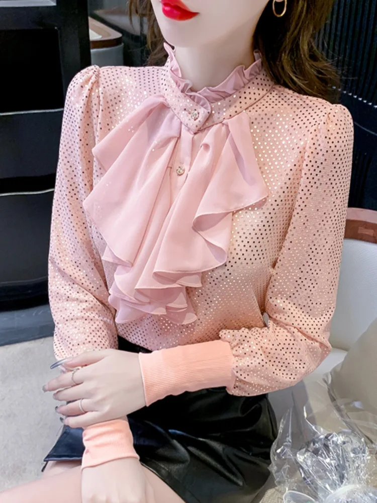 

#3130 Black White Pink Sequined Shirt Stand Ruffled Collar Office Blouse Femme Long Sleeve Slim Spliced Ruffles Women Blouses