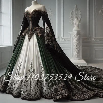 Custom Black Gothic Lace Wedding Dress Off Shoulder Embroidered Corset Lace Skirt Vintage Victorian Bridal Gown Special Wedding