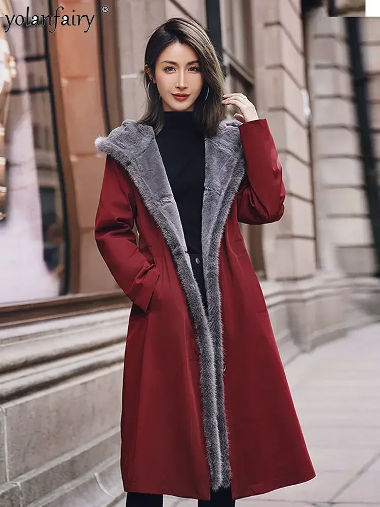 YOLANFAIRY جديد سترات نسائية من فراء الأرانب الحقيقي معاطف داخلية طويلة من الفرو معطف نسائي من المينك سترة شتوية للنساء ملابس خارجية FC
