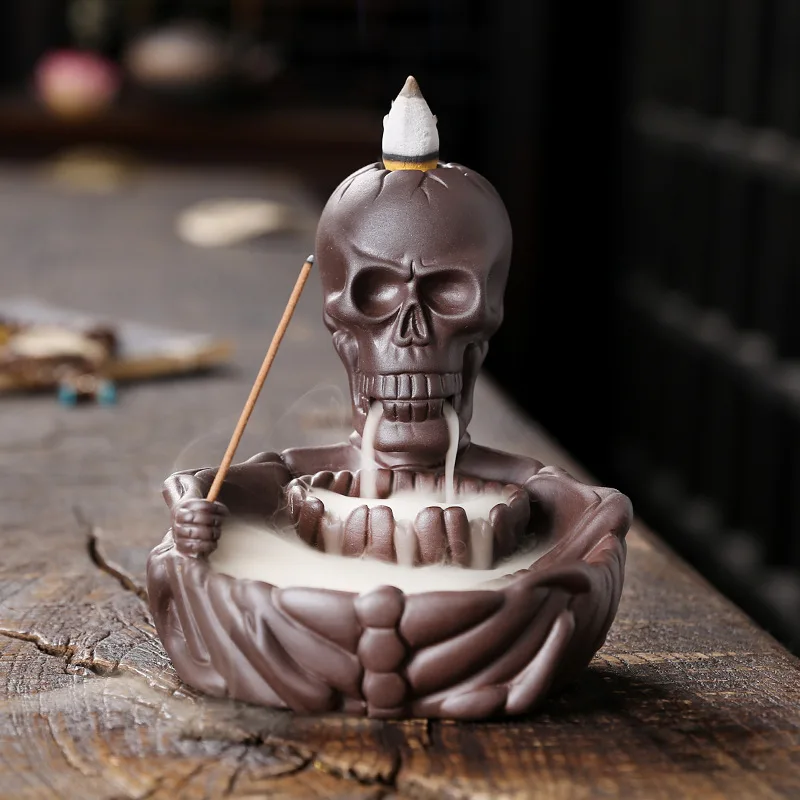 Backflow Incense Skull Decor Stick Holder Waterfall Cones Censer Halloween Decorative Yoga Aromatherapy