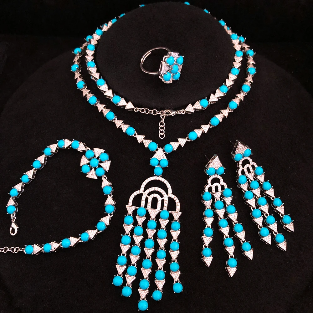 

GODKI New Fashion Turquoise UAE Dubai Bridal Jewelry Set For Women Wedding Party Nigerian African Necklace Earring Set