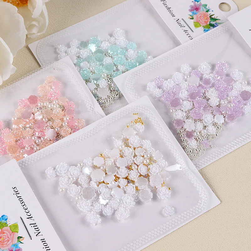 50 Pz/borsa FAI DA TE Unghie Artistiche Decorazione 3D Resina Perlescenti Camelia Con Sfere D'acciaio Perla Manicure Diamante Manicure Design Accesso