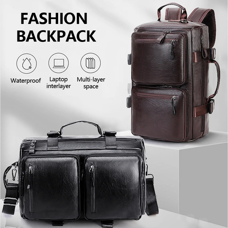 Men's Waterproof PU Material Handbag Multifunctional Business Computer Bag Outdoor Travel Large Capacity Multi Pocket Backpack