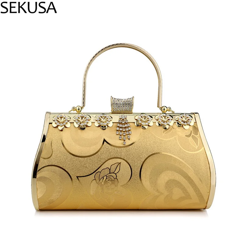 Luxury Golden Evening Bags Lady Bucket Small Clutch With Diamonds Handbags Flower Printed Purse