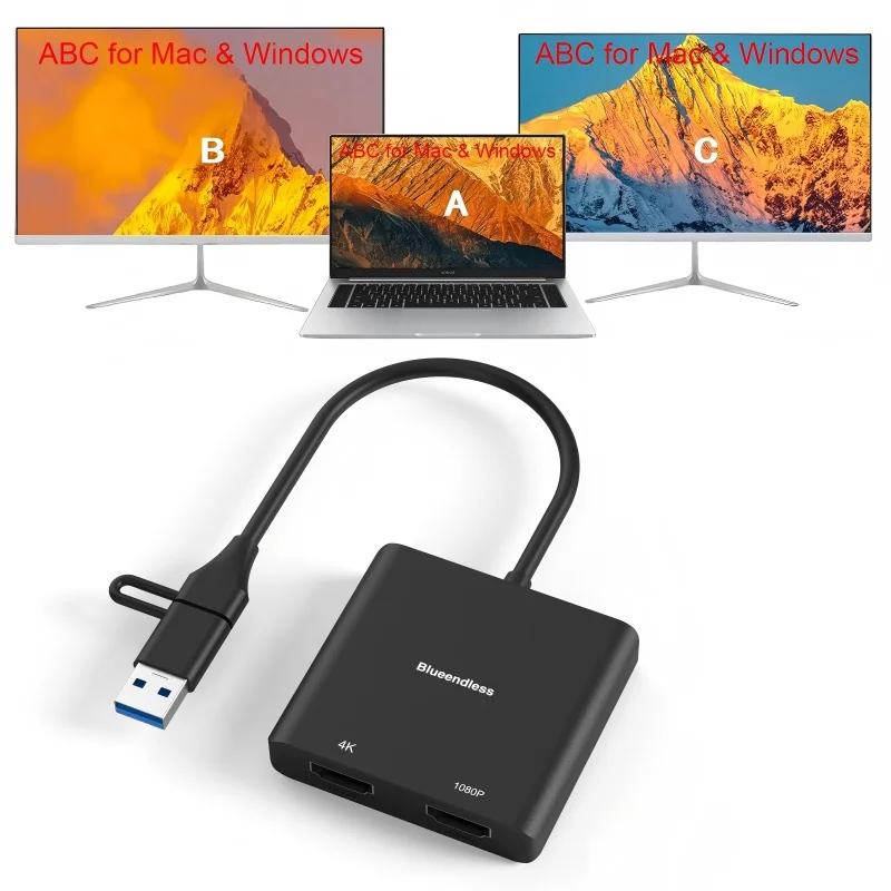 USB C Hub for Mac Book Pro USB 3.0 Type C Hub to 1080P 4K Dual HDTV Display Video Splitter Adapter Hub Converter for TV