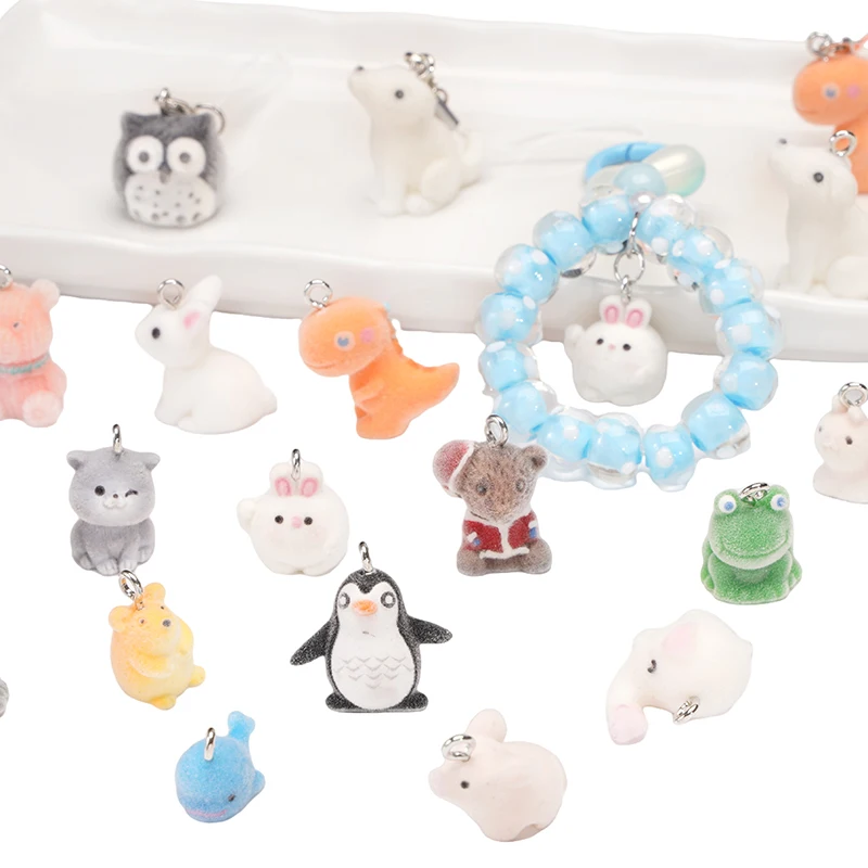 1pc 3D Mini Flocking Rabbit Cat Dog Charms Cute Bear Cow Duck Animal Pendant For DIY Necklace Earring Jewelry Making Accessories