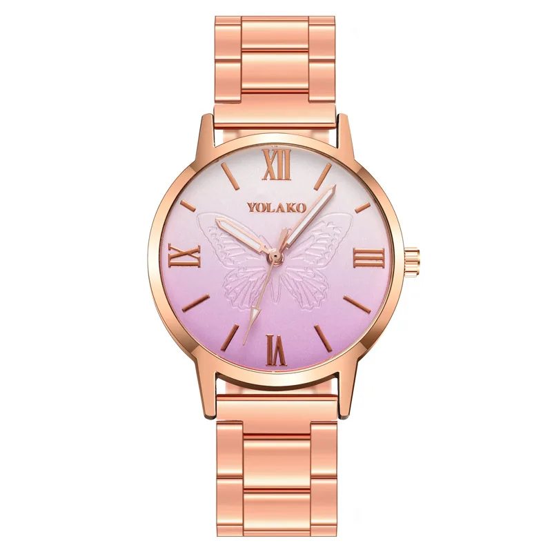 Mulheres Relógio Quartzo Gradiente de Borboleta, Padrão Romano, Banda Aço