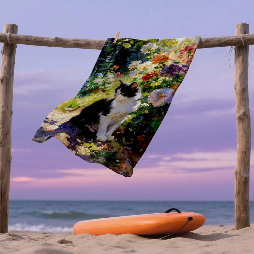 Impressionist Garden Cat Compact Travel Beach Towel Super Absorbent Sand Resistant, Microfiber for Swimming Camping Yoga view 3