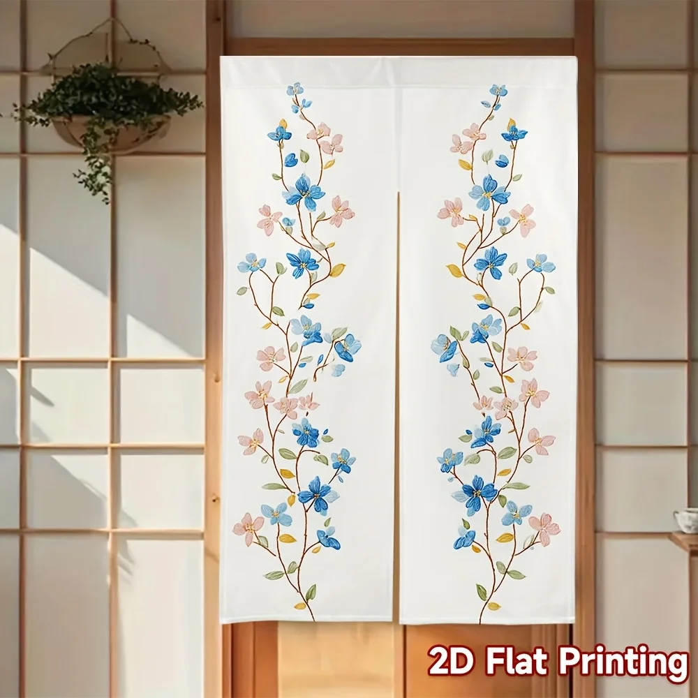 Floral Vine Noren Curtain – Blue & Pink Blossoms, Elegant Vertical Design, Rod-Free Hanging, for Bedroom or Entryway Decor