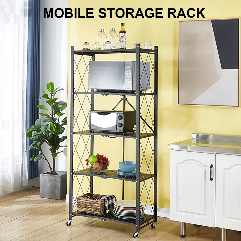 5-Shelf Folding Shelves Bookcase with Wheels Heavy Duty Storage Shelves Heavy Duty Collapsible Shelving Unit for Garage Kitchen