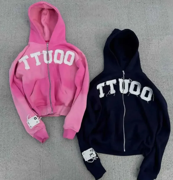 

2025 women's European and American retro Y2K spliced printed sweatshirt street hip-hop letter zipper hoodie sports suit trend