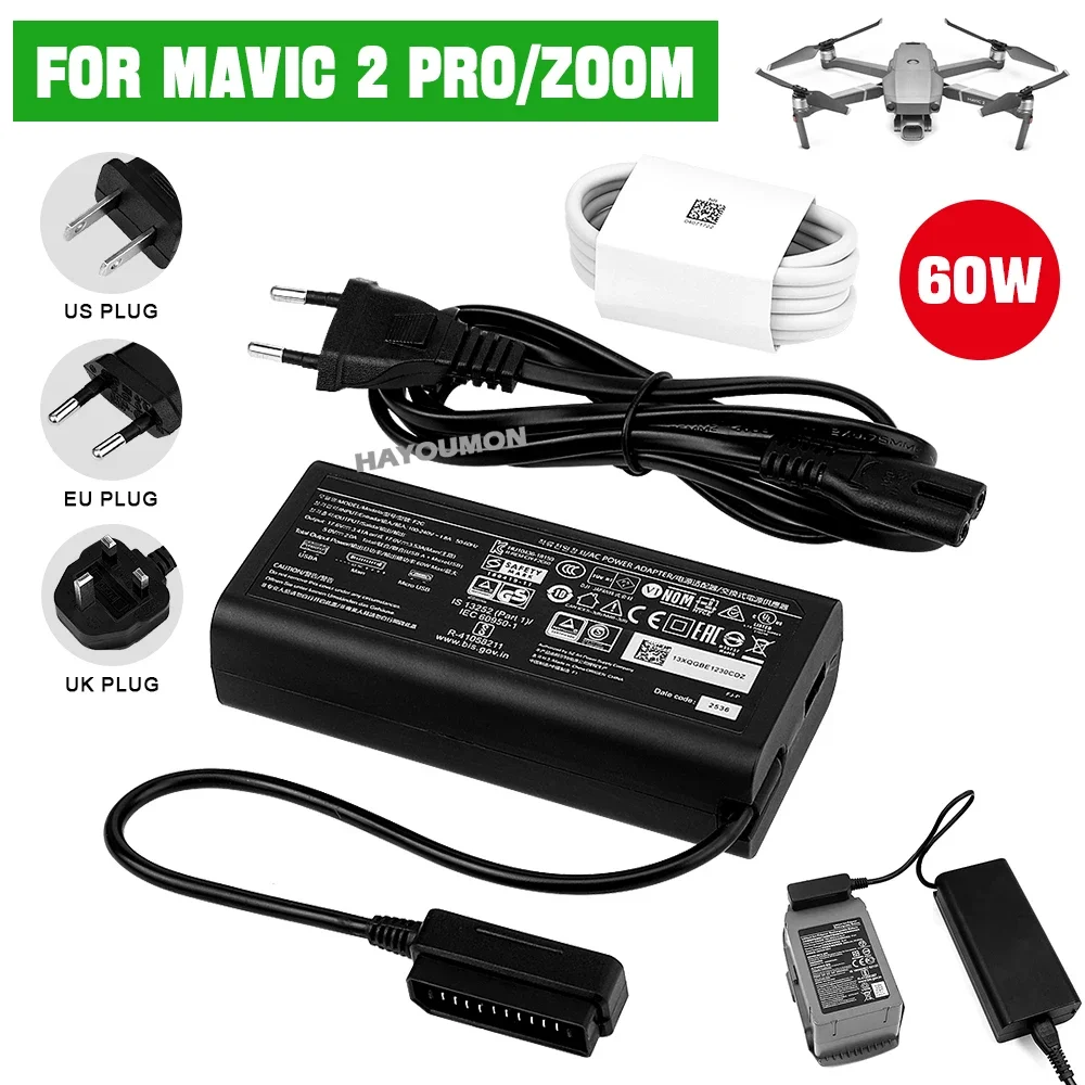 

Replacement Battery Charger for DJI Mavic 2 Pro/Zoom 60W Accessories With Fast Smart Micro Usb Rechargeable Charger and AC Cable