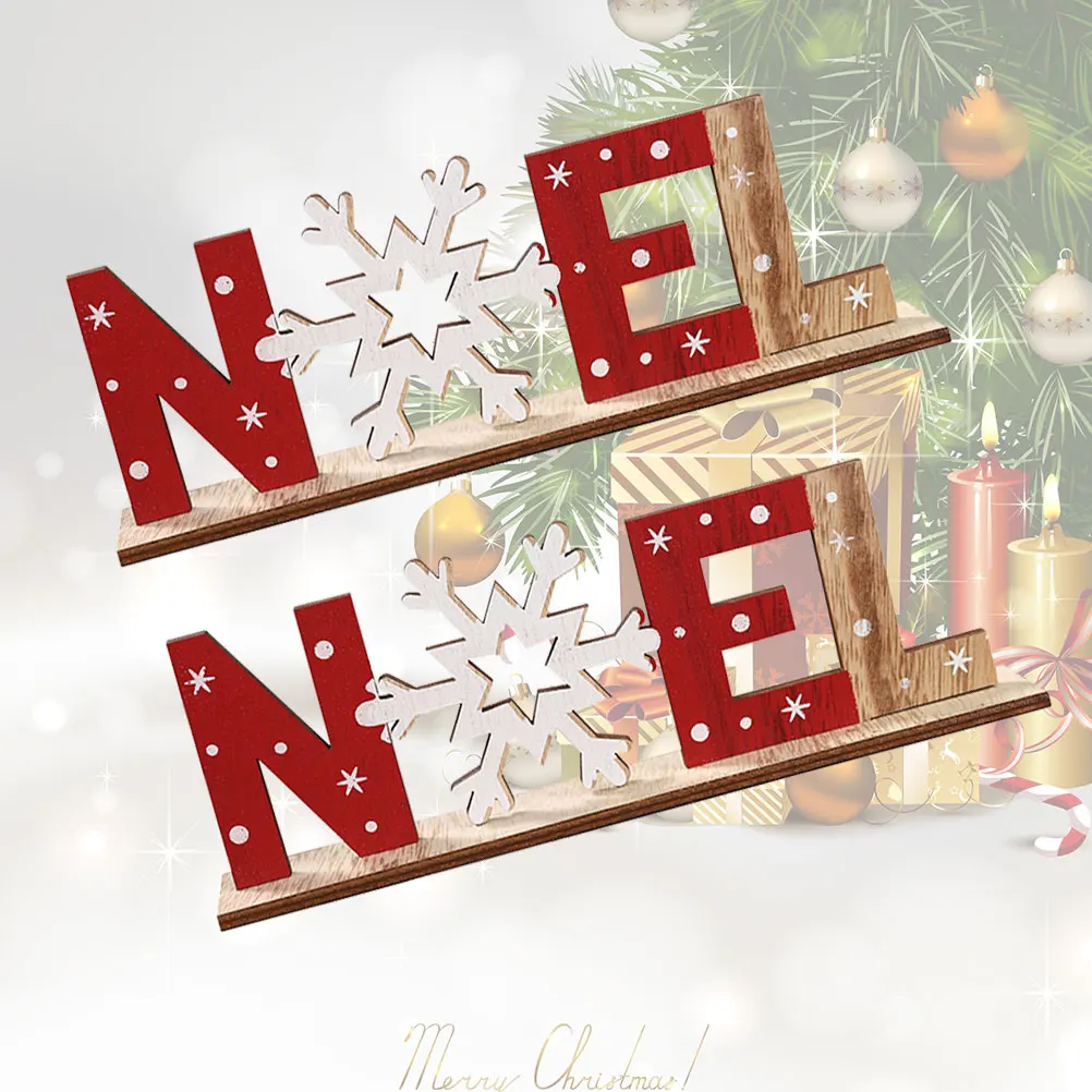 

2 Pcs Decoration Wooden Letter Ornaments Xmas Party Desk Christmas Noel Sign Snowflake Plaque Table Banquet