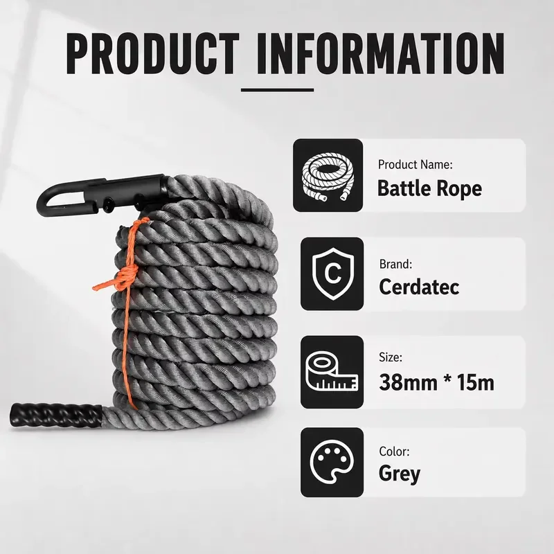 Commercial grade polyester combat rope, 38mm diameter, 12.5 kg weight, high-intensity interval training equipment,