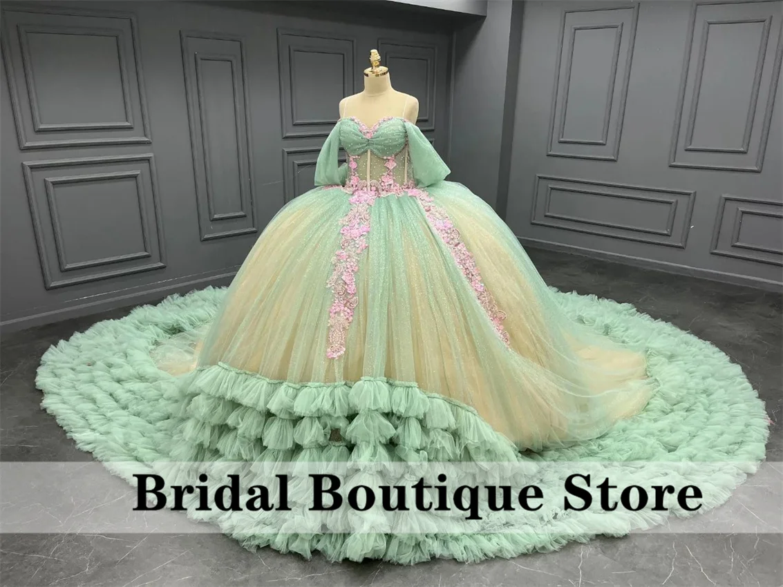 

Mint Green Sweetheart Mexican Beaded Quinceanera Dress 2024 Crystals Tiered Ruffles Beads Flowers Applique 16th Ball Gown