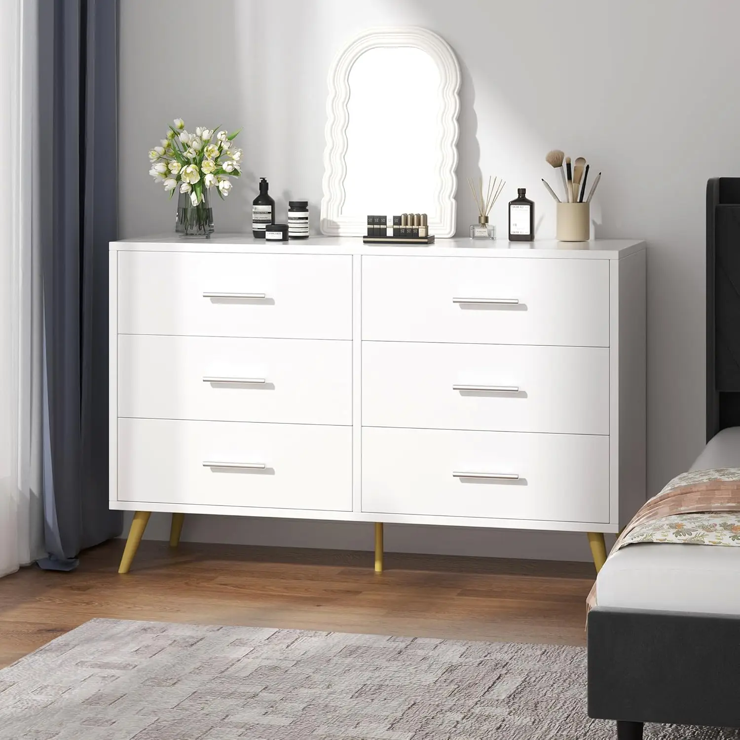 Commode à 6 tiroirs, commode large, organisateur de rangement avec tiroirs, grande armoire de rangement, commode au design moderne pour chambre à coucher