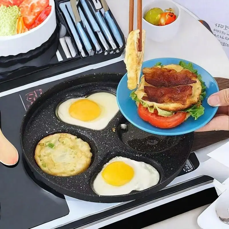 Non Stick 4 Section Maifan Stone Frying Pan Anti Scald Handle Even Heating For Home Kitchen Breakfast Cooking