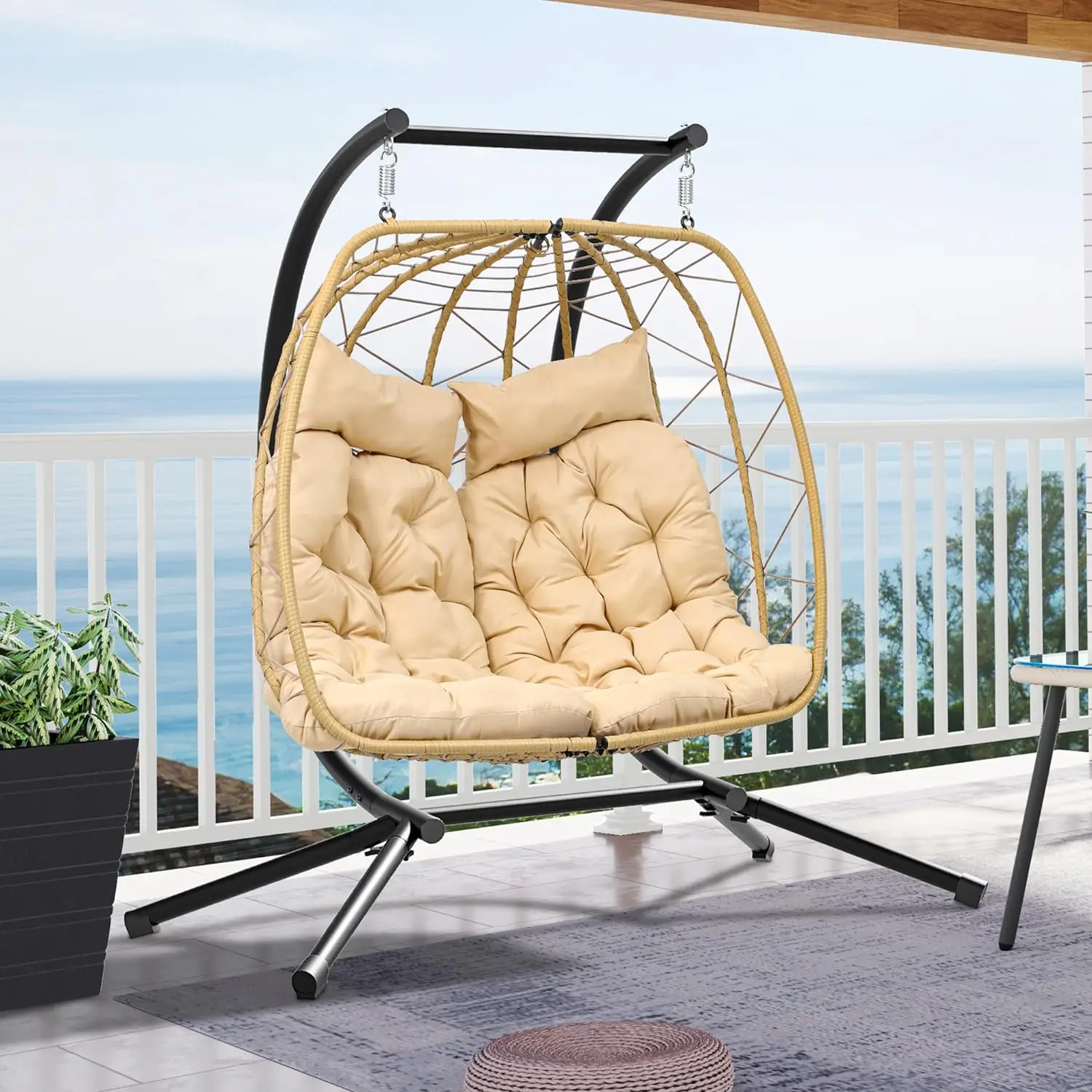 2 Person Double Wicker Hanging Hammock Egg Chair Swing Chair with Stand Outdoor Indoor for Patio Garden Bedroom and Balcony