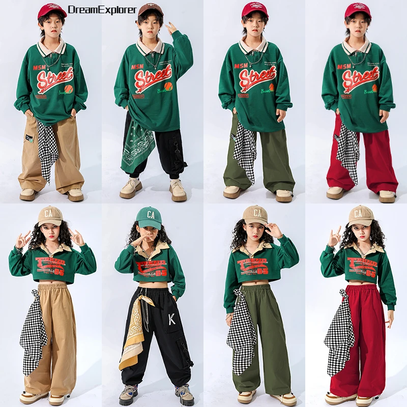 Boys Hip Hop Polo Sweatshirt Loose Cago Pants Girls Crop Top Street Dance Baggy Joggers Child Streetwear Kids Jazz Clothes Sets