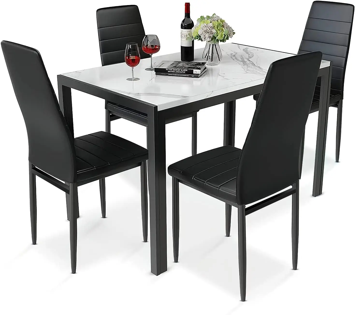 Furniture 5 Piece Faux Dining Set, Modern Kitchen Table Marble Top and High Chairs for Breakfast Nook Small Spaces(White)