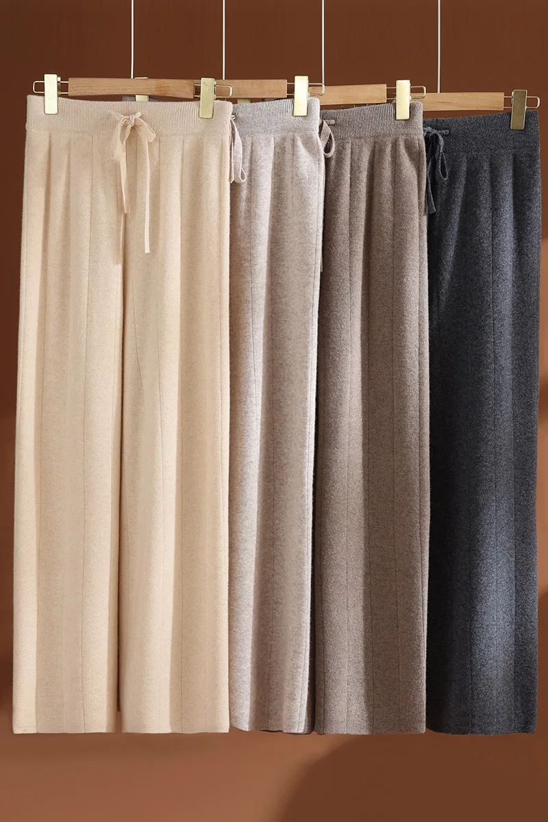 

Осень-зима, женские широкие брюки из 100% чистой шерсти, верхняя одежда, свободные повседневные вязаные прямые брюки с высокой талией, повседневные универсальные брюки