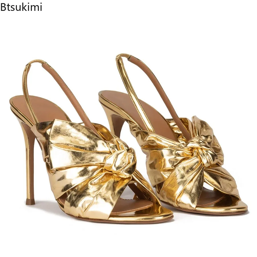 Fashion Summer Women's High Heels Sandals Golden Elastic Band Strap Ties Pointed Toe Shoes Classic Ladies Butterfly-Knot Sandal