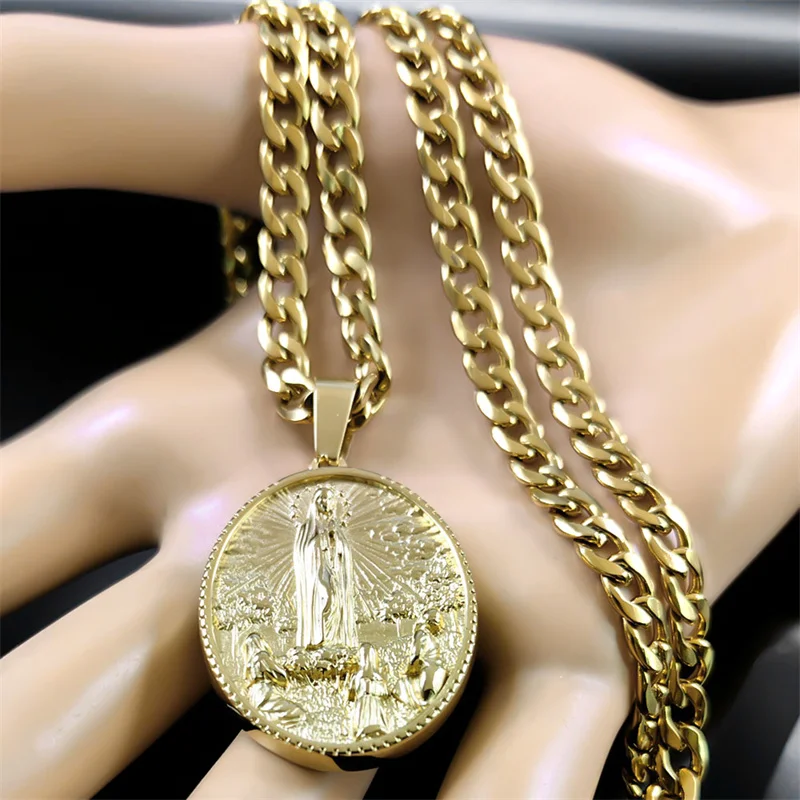 Naszyjnik męski ze stali nierdzewnej Dziewica Maryja Medal Złoty Kolor Naszyjniki Matki Boskiej z Guadalupe Biżuteria virgen de guadalupe NZZ449 — zdjęcie 4
