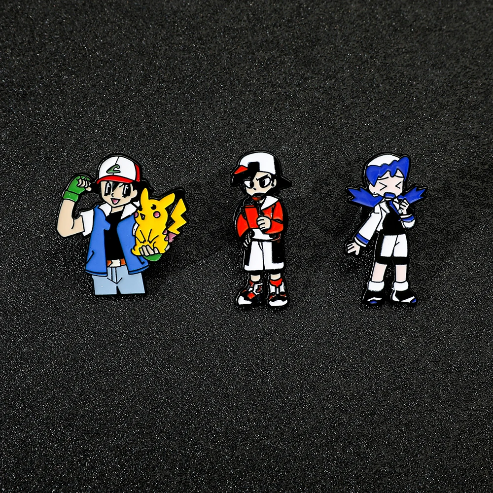 3 Pcs Challenge Anime Cartoon Brooch Ash Pikachu Combination Enamel Pin Metal Badge Jewelry Clothing Backpack Accessories Gift