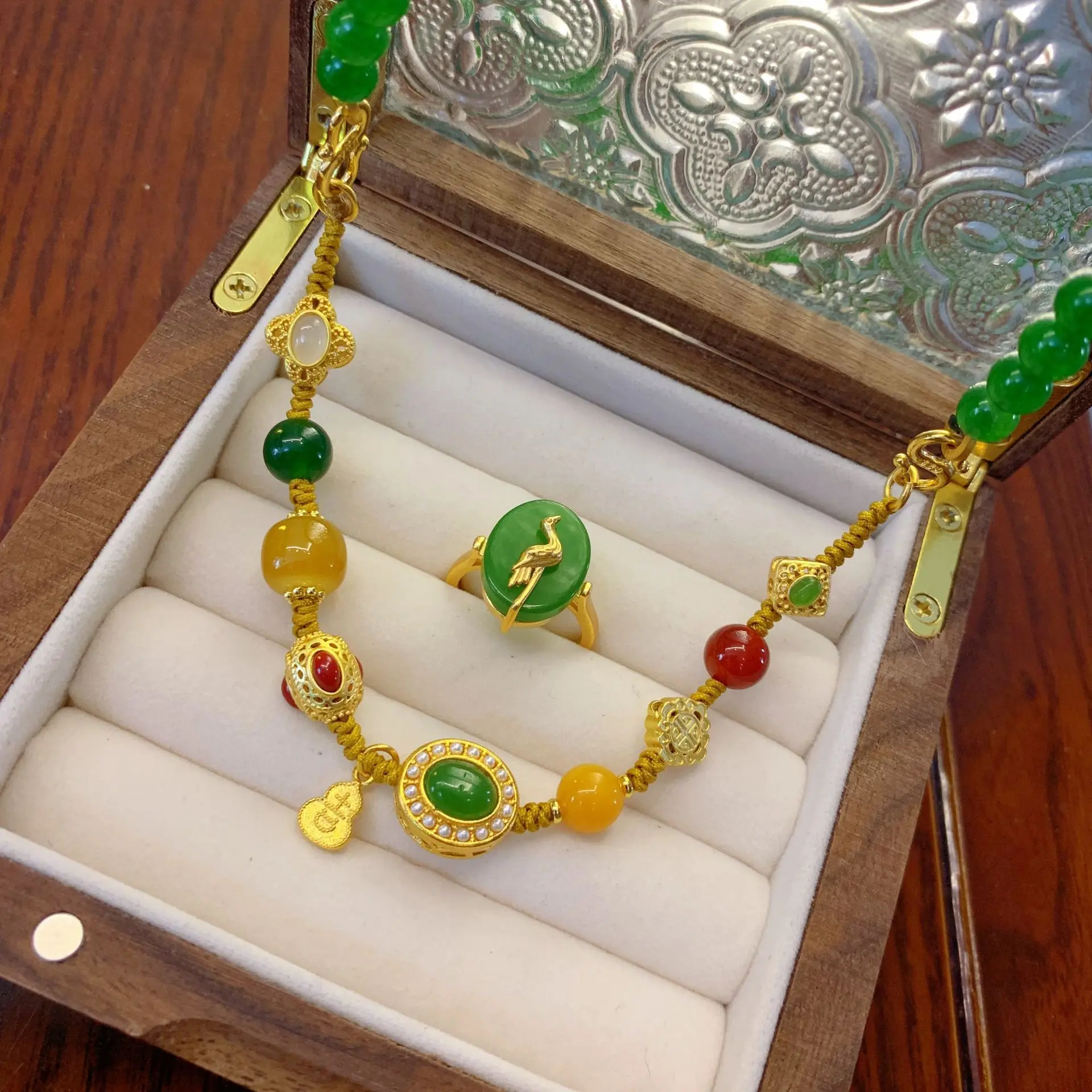 Vintage Enamel Braided Bracelet Removable Emerald Round Bead Multi-way Wear Necklace Hand Rope