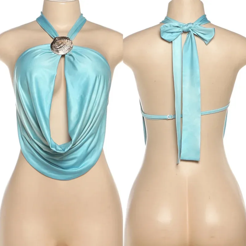 

Chic Sexy Satin Draped Halter Crop Top For Women Backless Silky Bow Design Sleeveless Vest For Summer Beach Party Holiday Look