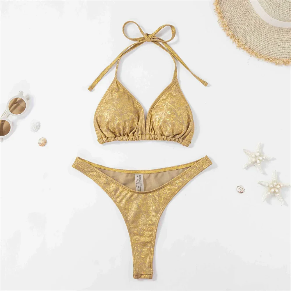 Golden Bikini Thong String Swimsuit Swimwear Women 2025 Trend Luxury Two Piece Bathing Swim Suit Brazilian Beach Vacation Outfit